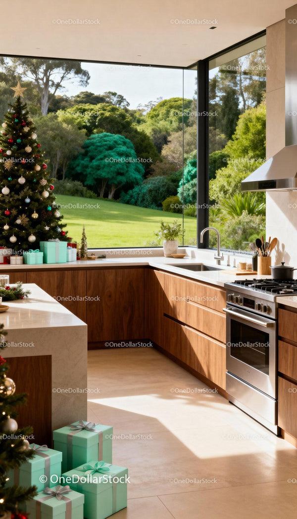 Modern Kitchen with Christmas Tree and Scenic View