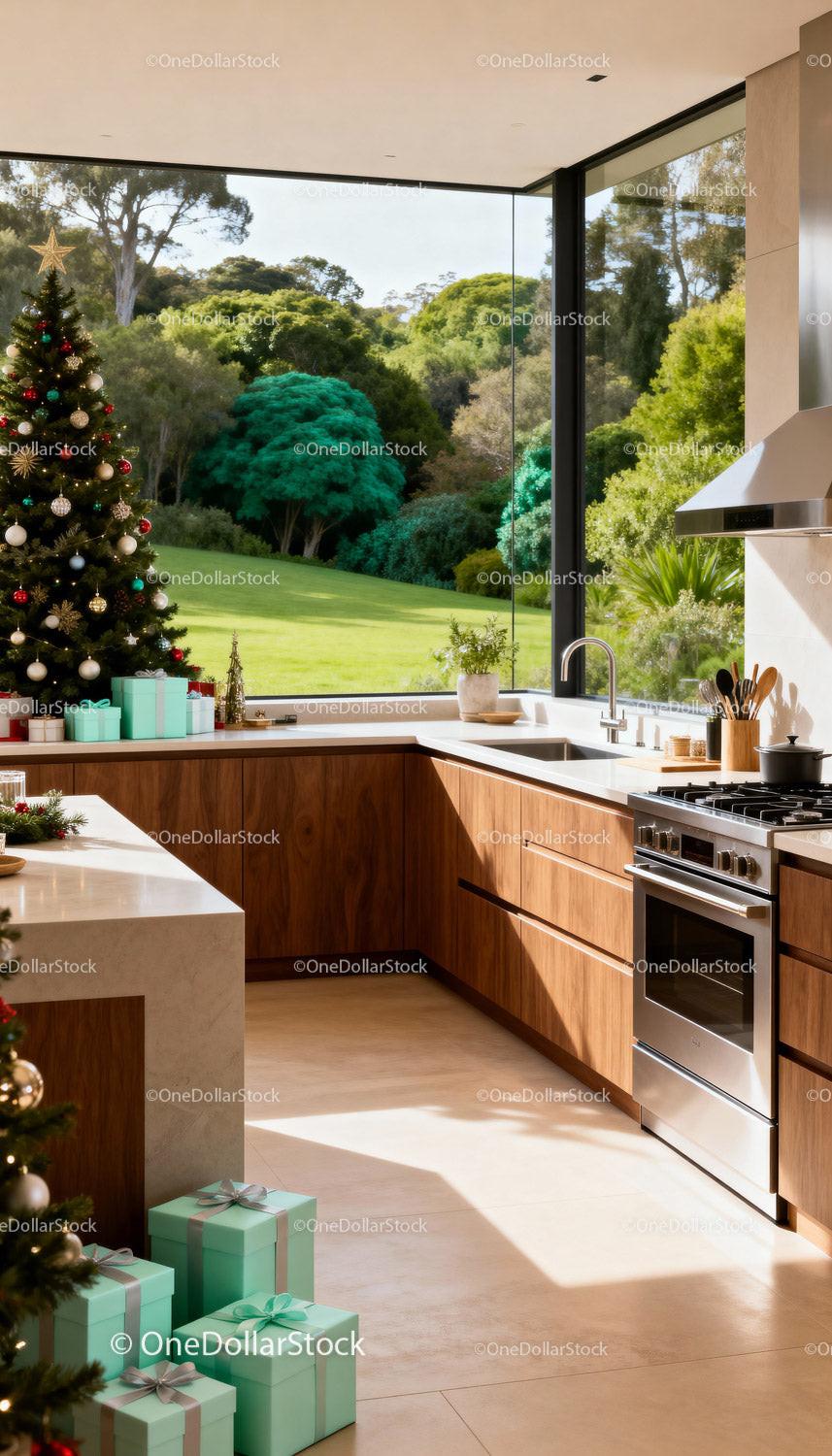 Modern Kitchen with Christmas Tree and Scenic View