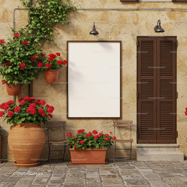 Cozy Mediterranean Courtyard with Flower Pots and Chairs JPG Mockup Image