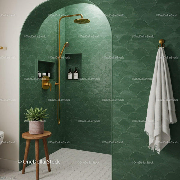 Modern green tiled shower with gold fixtures and plant