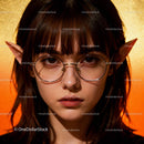 Young woman with elf ears wearing round glasses