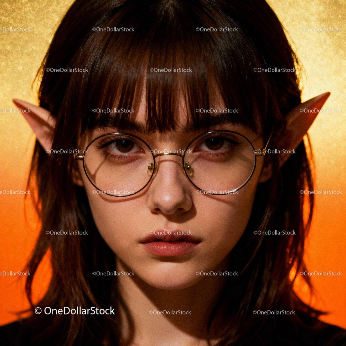 Young woman with elf ears wearing round glasses