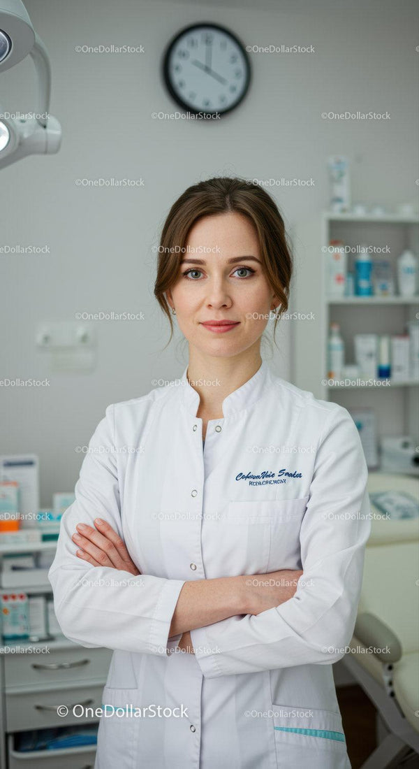 Confident Female Doctor in Clinical Setting with Medical Equipment