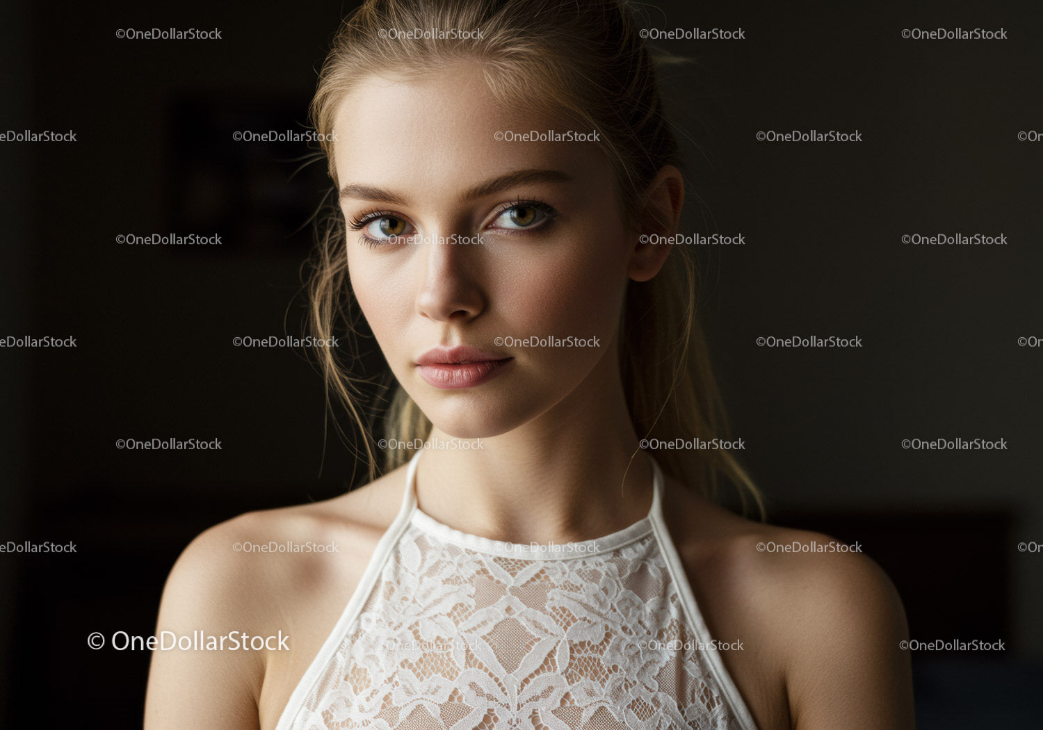 Young Woman in Lace Top with Elegant Style and Captivating Gaze