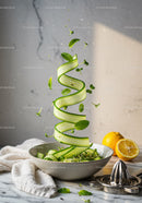 Fresh cucumber ribbons with mint and microgreens in bowl