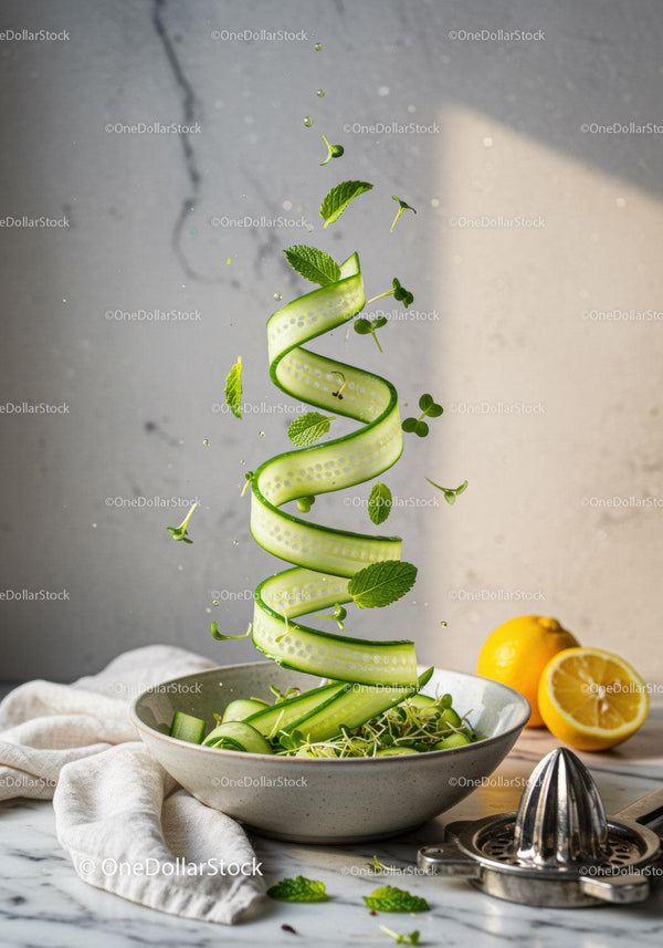 Fresh cucumber ribbons with mint and microgreens in bowl