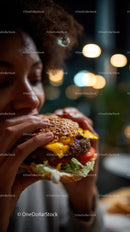Woman Enjoying Juicy Cheeseburger at Night Diner Scene