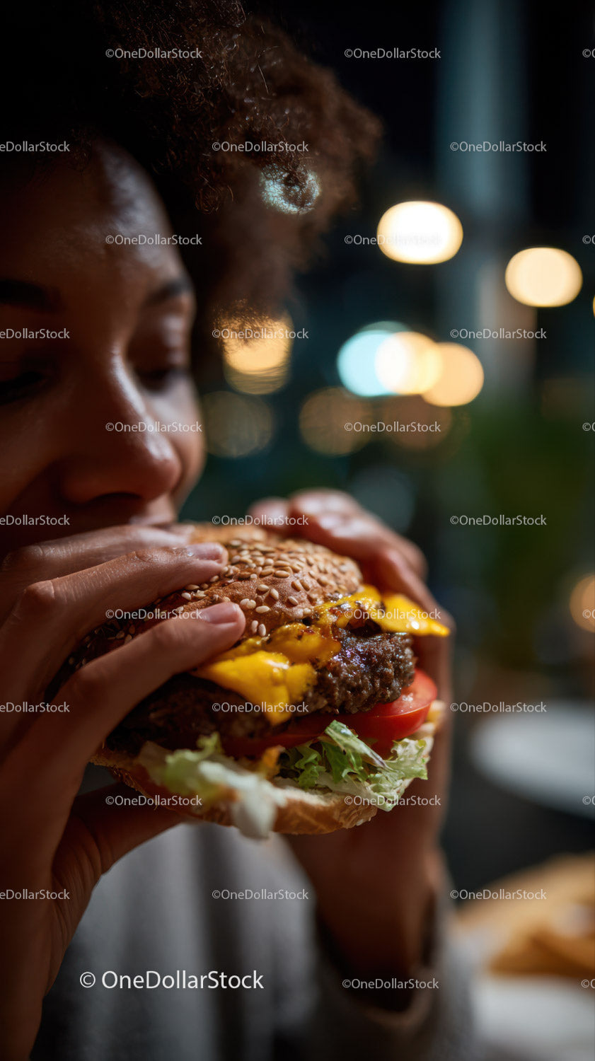 Kobieta delektująca się soczystym cheeseburgerem w nocnej restauracji