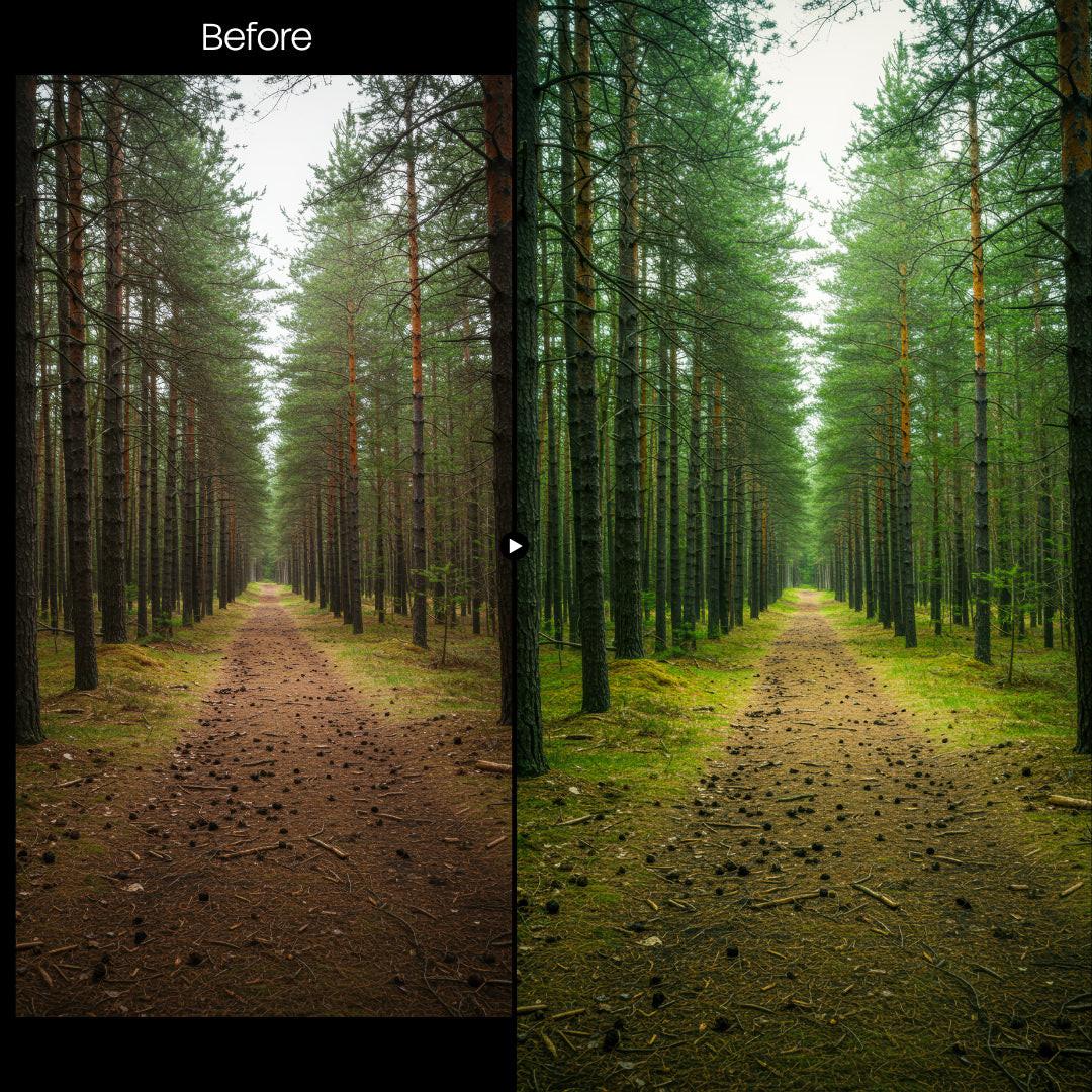 Before and after Forest Glow LUT Pack effect