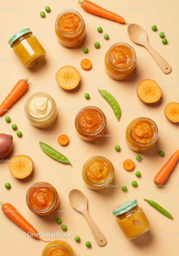 Fresh homemade vegetable purees with wooden spoons
