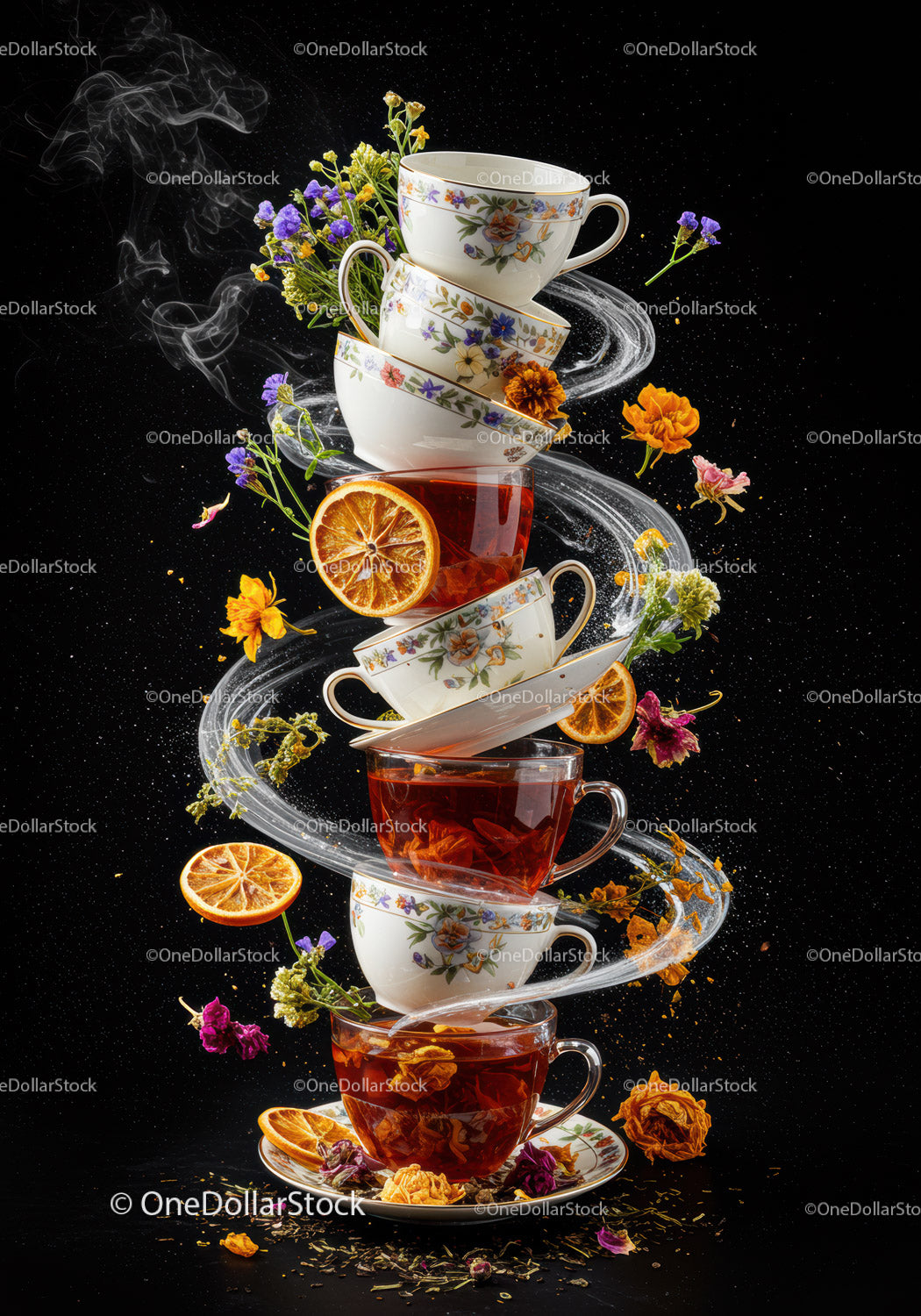 Stack of Floral Teacups with Floating Tea and Flowers