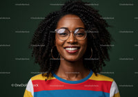 Elegant Woman with Glasses and Curly Hair in Colorful Striped Shirt