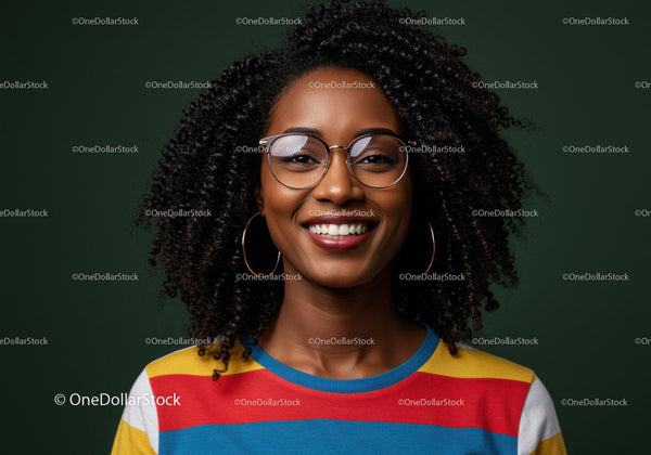 Elegant Woman with Glasses and Curly Hair in Colorful Striped Shirt
