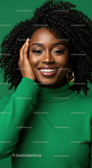 Smiling Black Woman with Curly Hair in Green Sweater Portrait