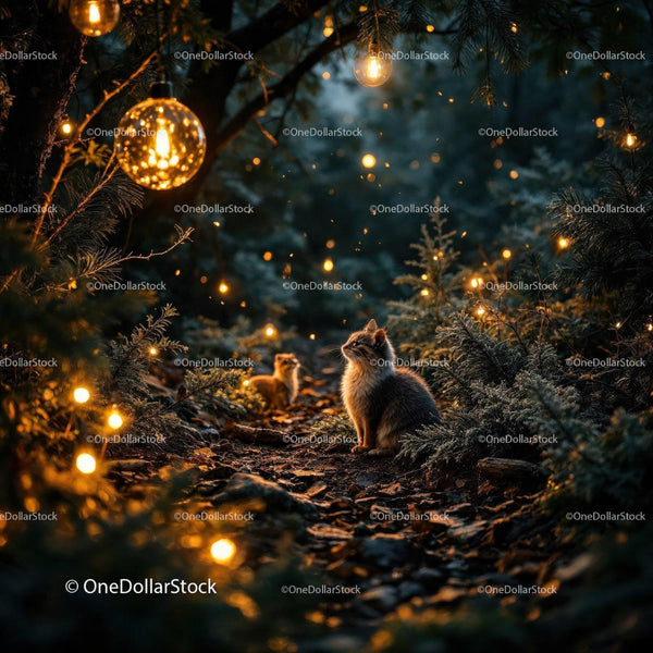 Cat and Fox Cub Among Glowing Forest Lights