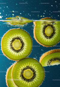 Fresh kiwi slices floating in clear water