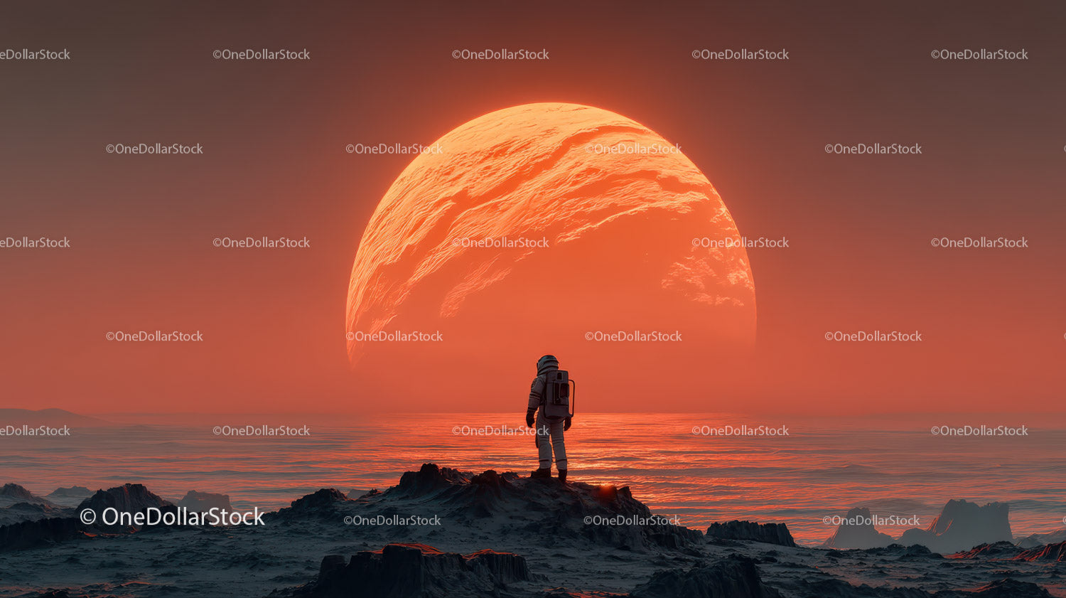 Astronaut Exploring a Surreal Alien Landscape with a Giant Orange Planet