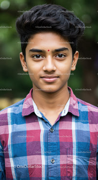 Young Boy in Plaid Shirt with Bright Smile in Outdoor Setting