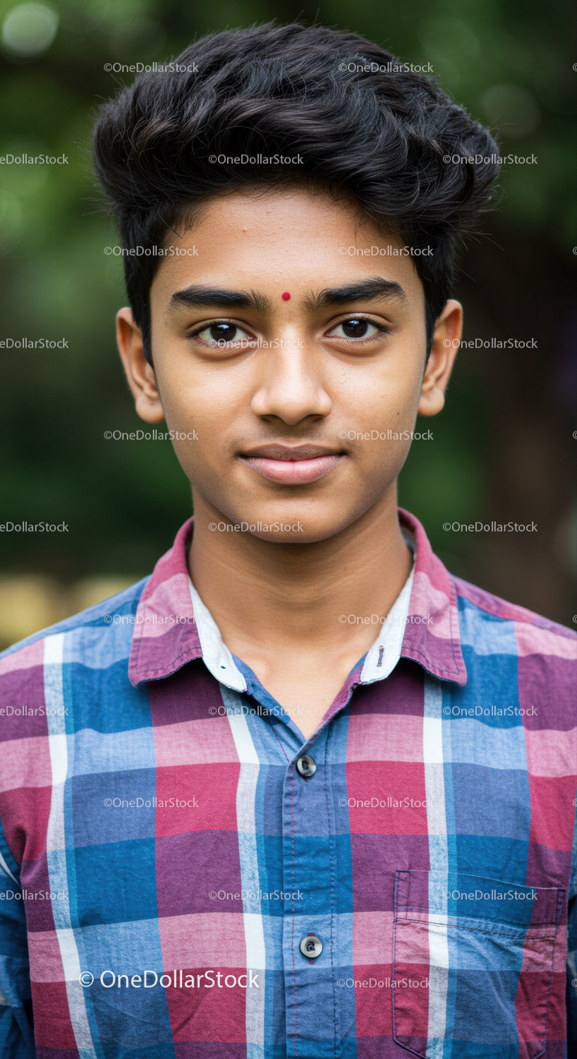 Young Boy in Plaid Shirt with Bright Smile in Outdoor Setting