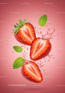 Fresh strawberry halves with mint leaves and splashes