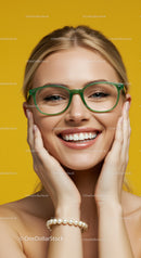 Smiling woman with stylish green glasses on yellow background