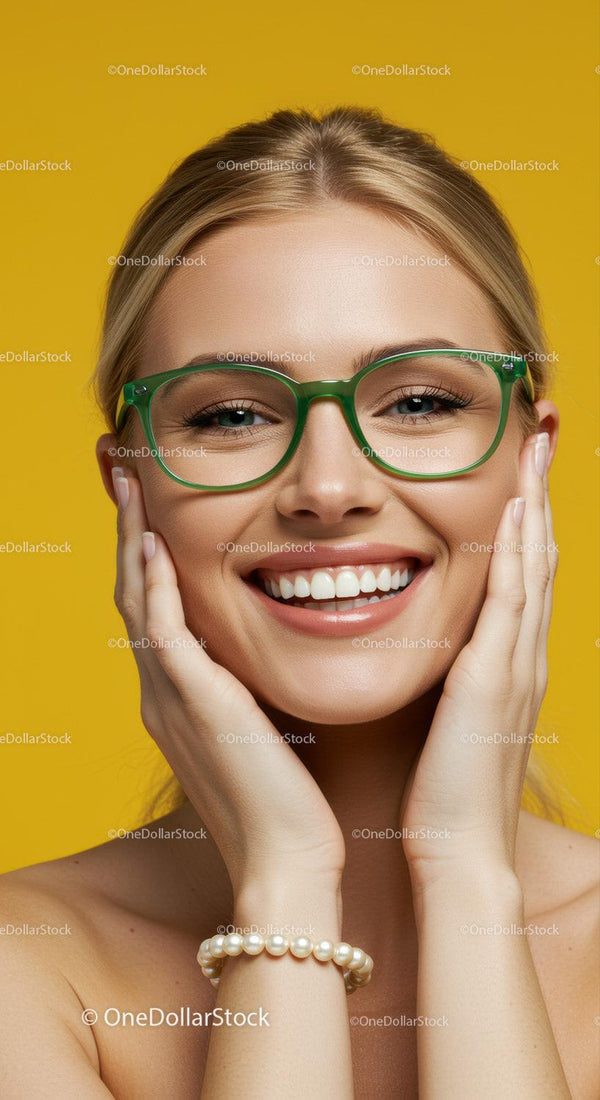 Smiling woman with stylish green glasses on yellow background