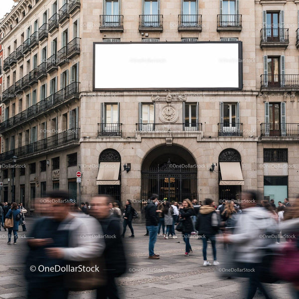 Crowded city square in front of historic building facade JPG Mockup Image