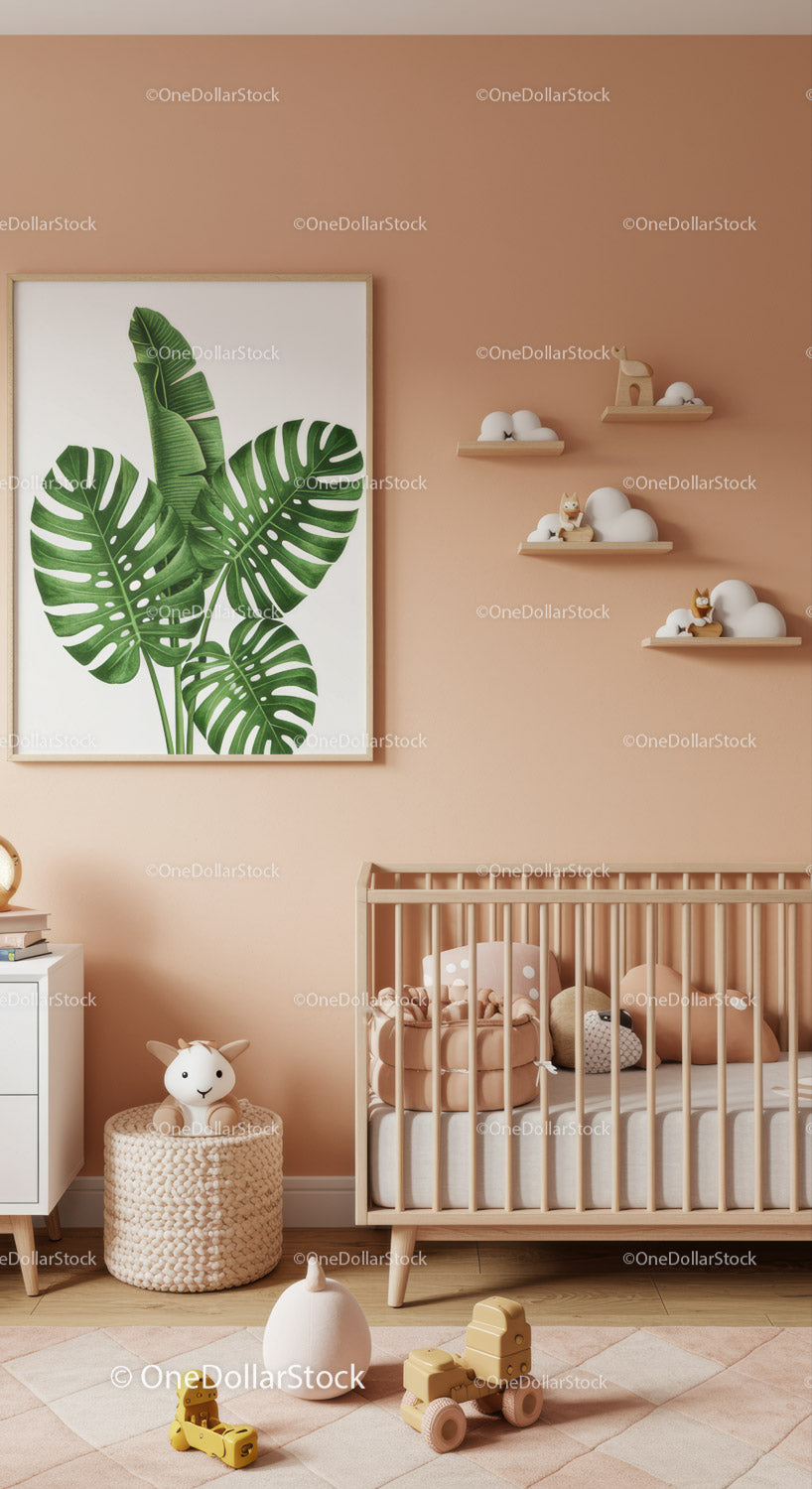 Modern Nursery Room with Plush Toys and Wall Art in Soft Pink and Beige