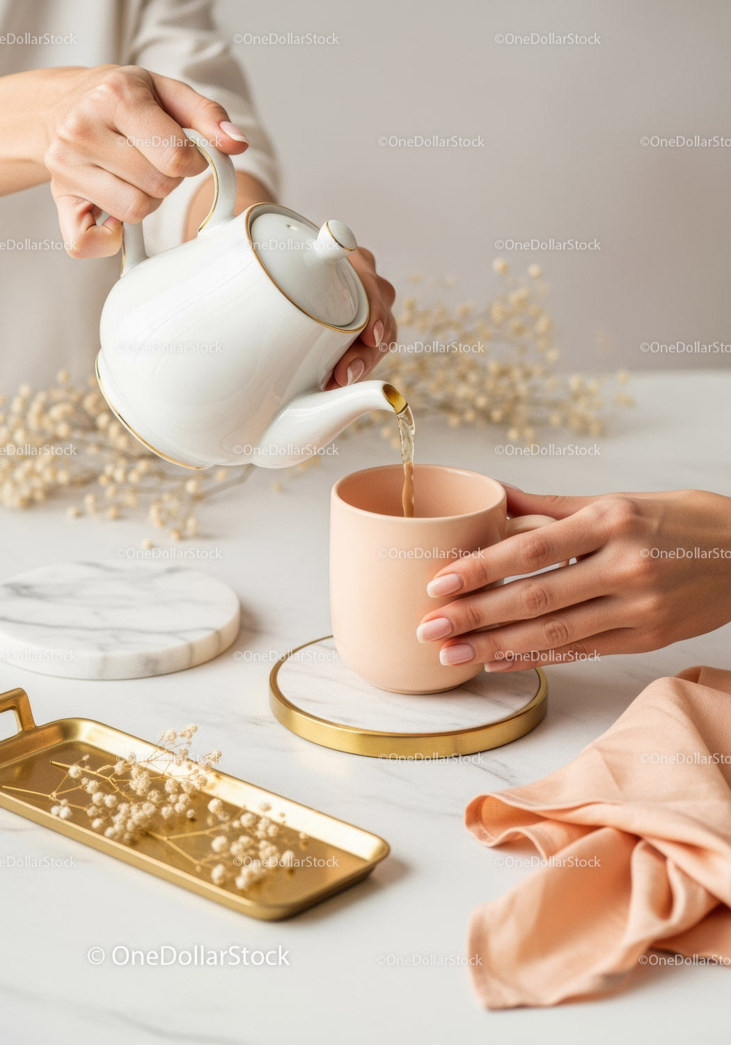 Elegant Tea Pouring Scene with Pink Mug and Ceramic Teapot
