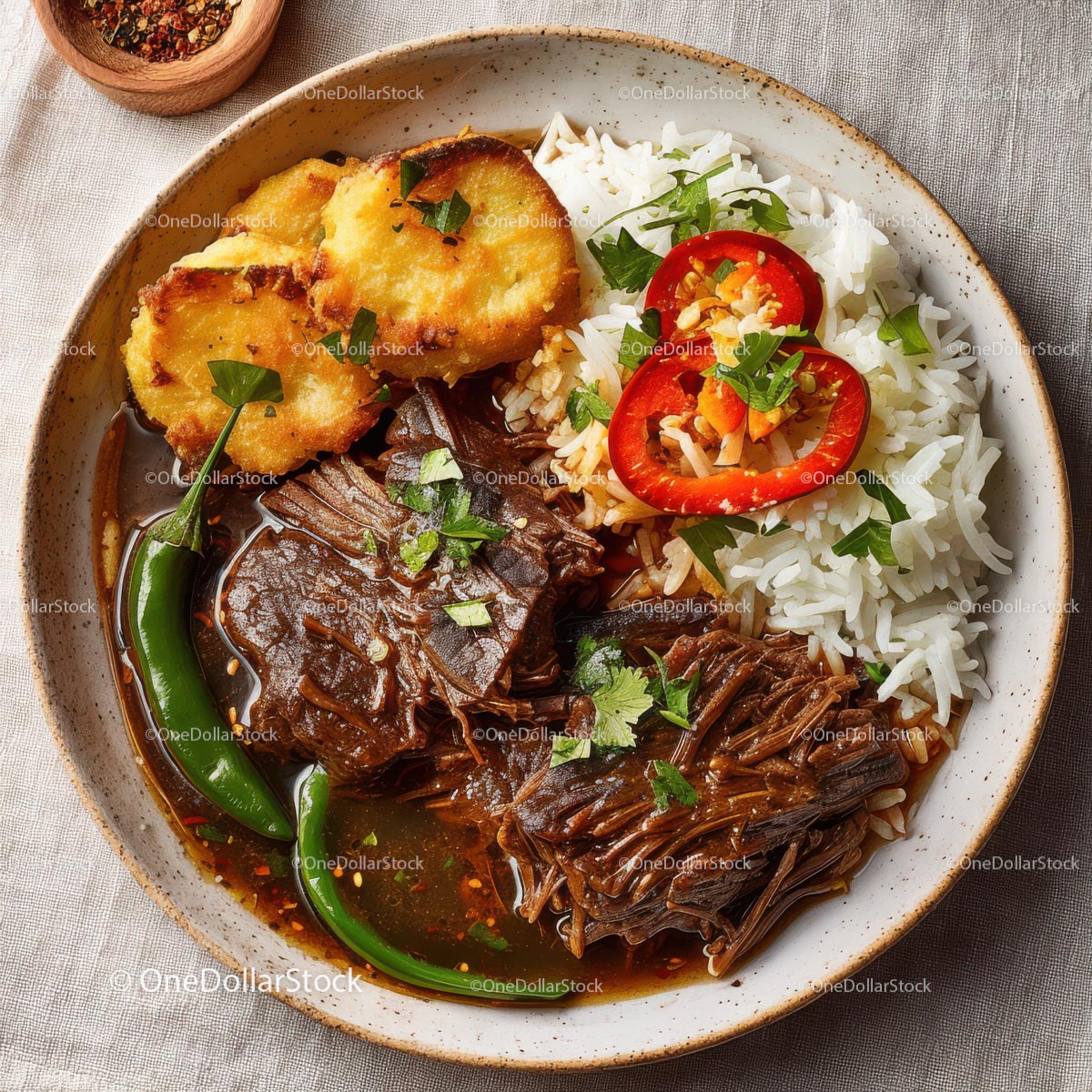 Savory Beef Stew with Rice and Colorful Vegetables