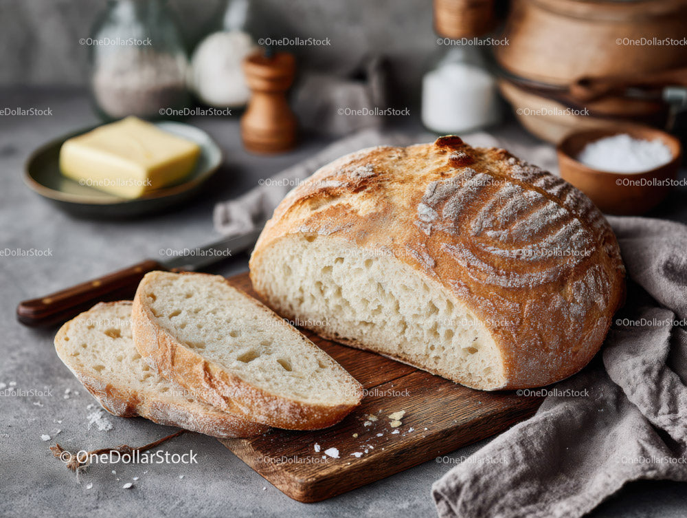 Rustic Artisan Bread on Wooden Table with Kitchen Background