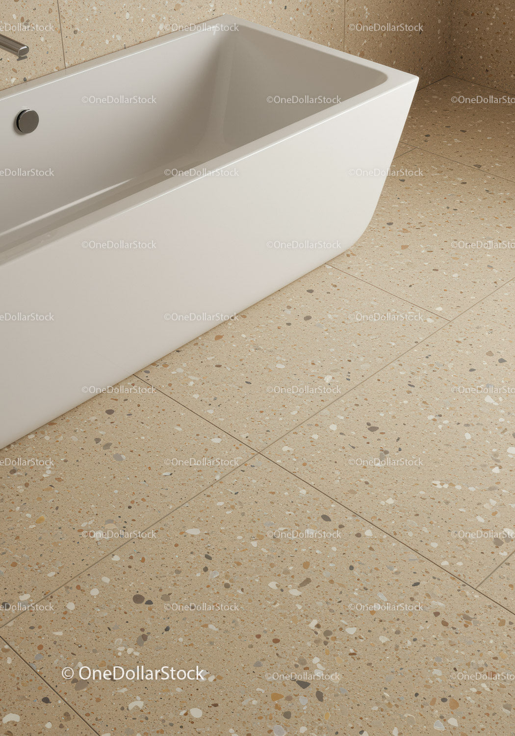 White Bathtub in Modern Bathroom with Beige Terrazzo Tiles