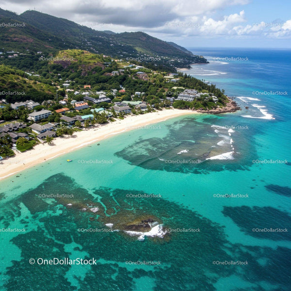 Tropical Beach with Clear Turquoise Water and Mountain Backdrop