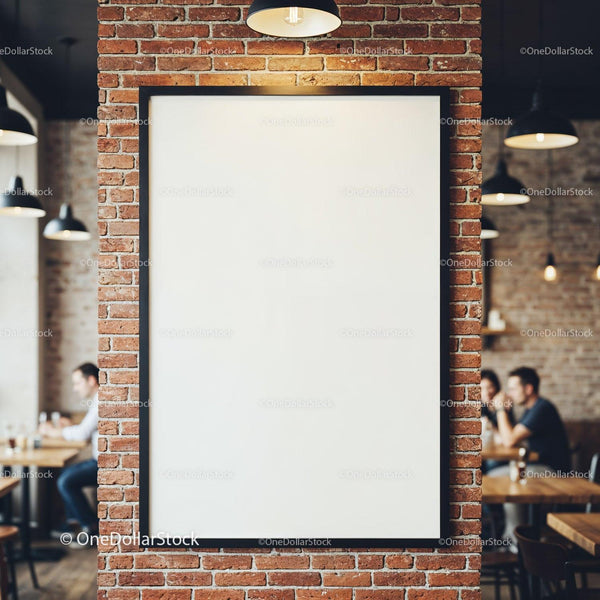 Blank poster frame on brick wall in modern cafe interior JPG Mockup Image