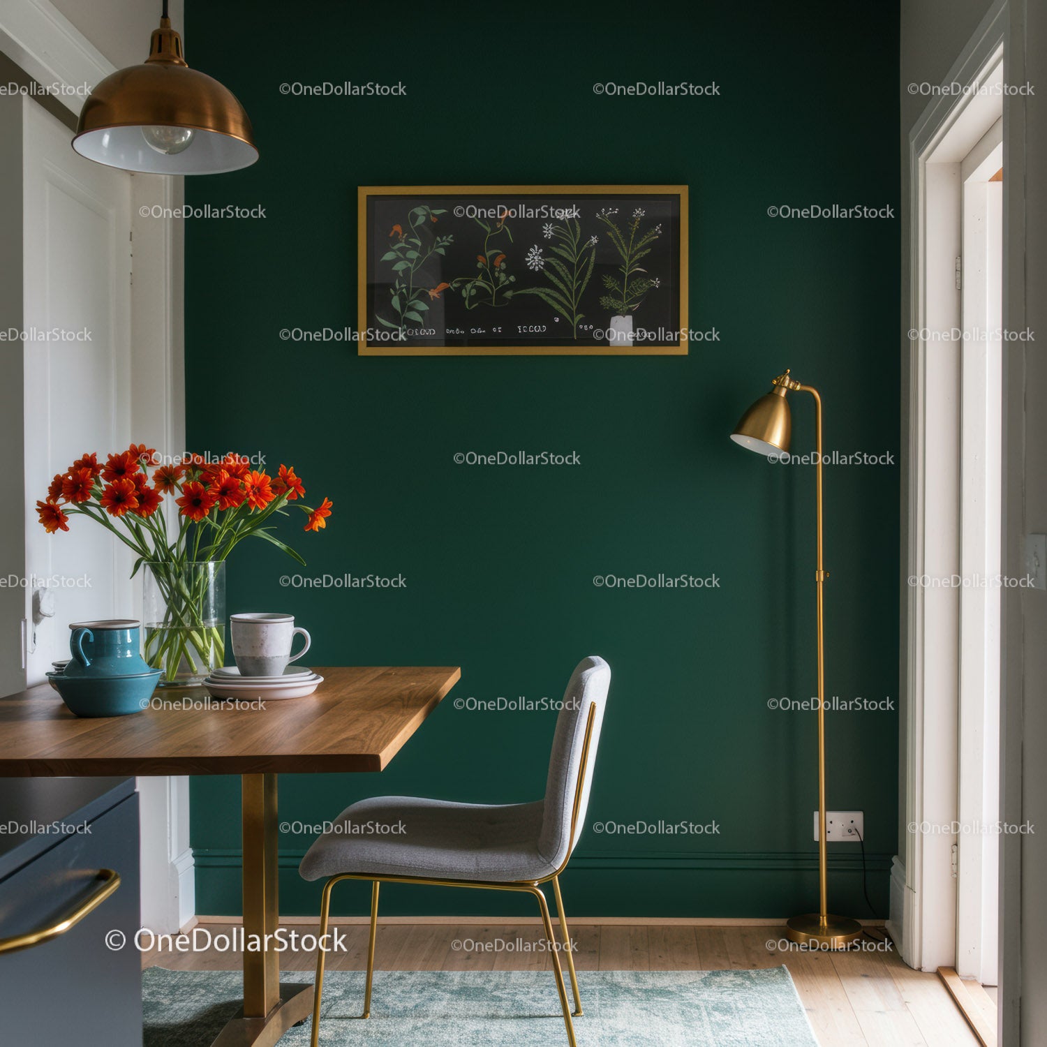 Elegant Indoor Dining Area with Green Wall and Flower Decor