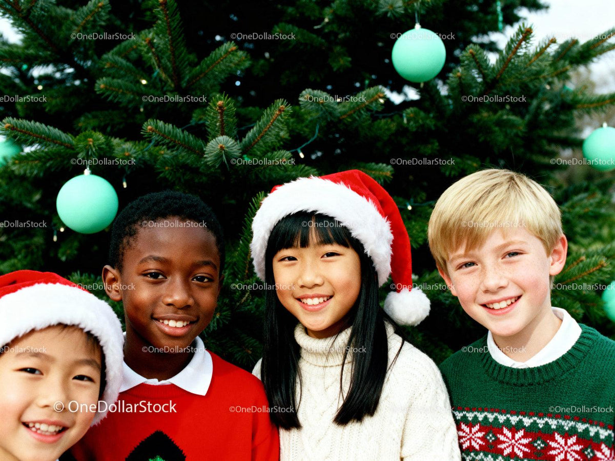 Smiling Kids in Santa Hats by Christmas Tree
