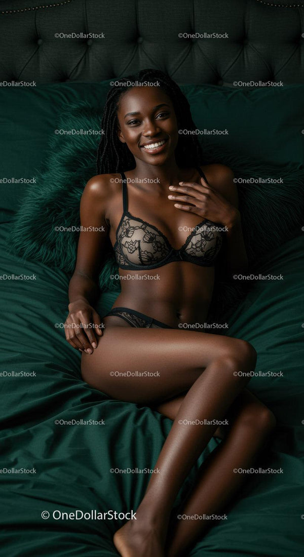 Smiling woman relaxing in elegant lingerie on dark bed