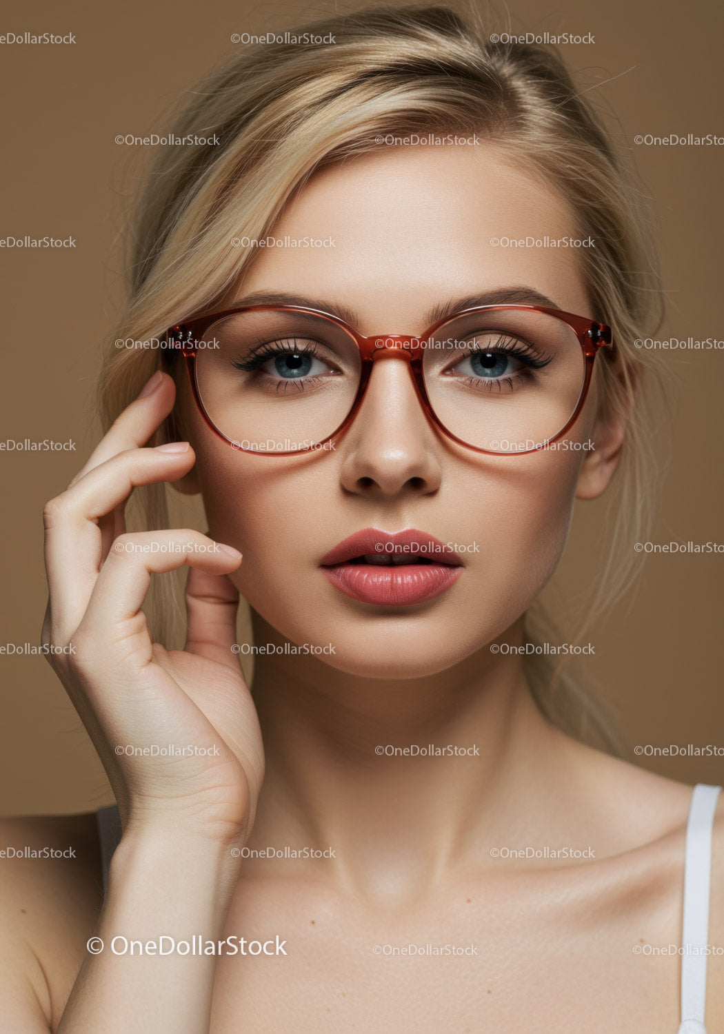 Fashionable Blonde Woman with Red Glasses and Natural Makeup