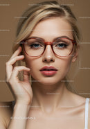 Fashionable Blonde Woman with Red Glasses and Natural Makeup