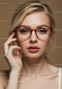 Fashionable Blonde Woman with Red Glasses and Natural Makeup