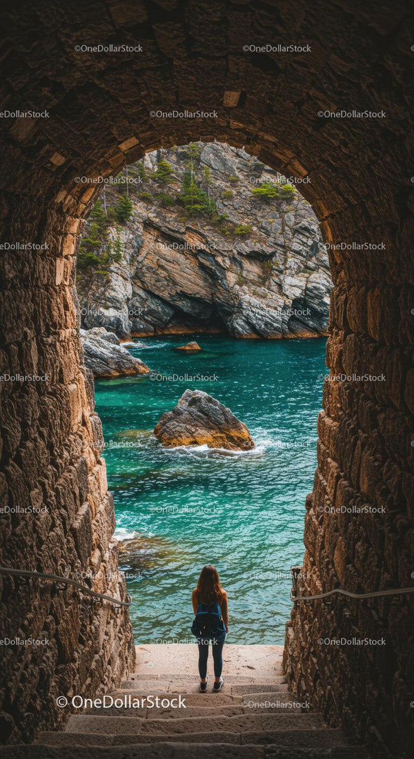 Woman with Backpack Exploring Turquoise Coastal Rock Formation and Sea
