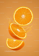 Fresh orange slices with juicy splash on orange background