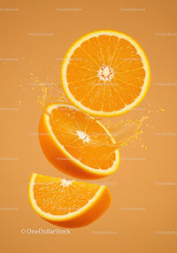 Fresh orange slices with juicy splash on orange background