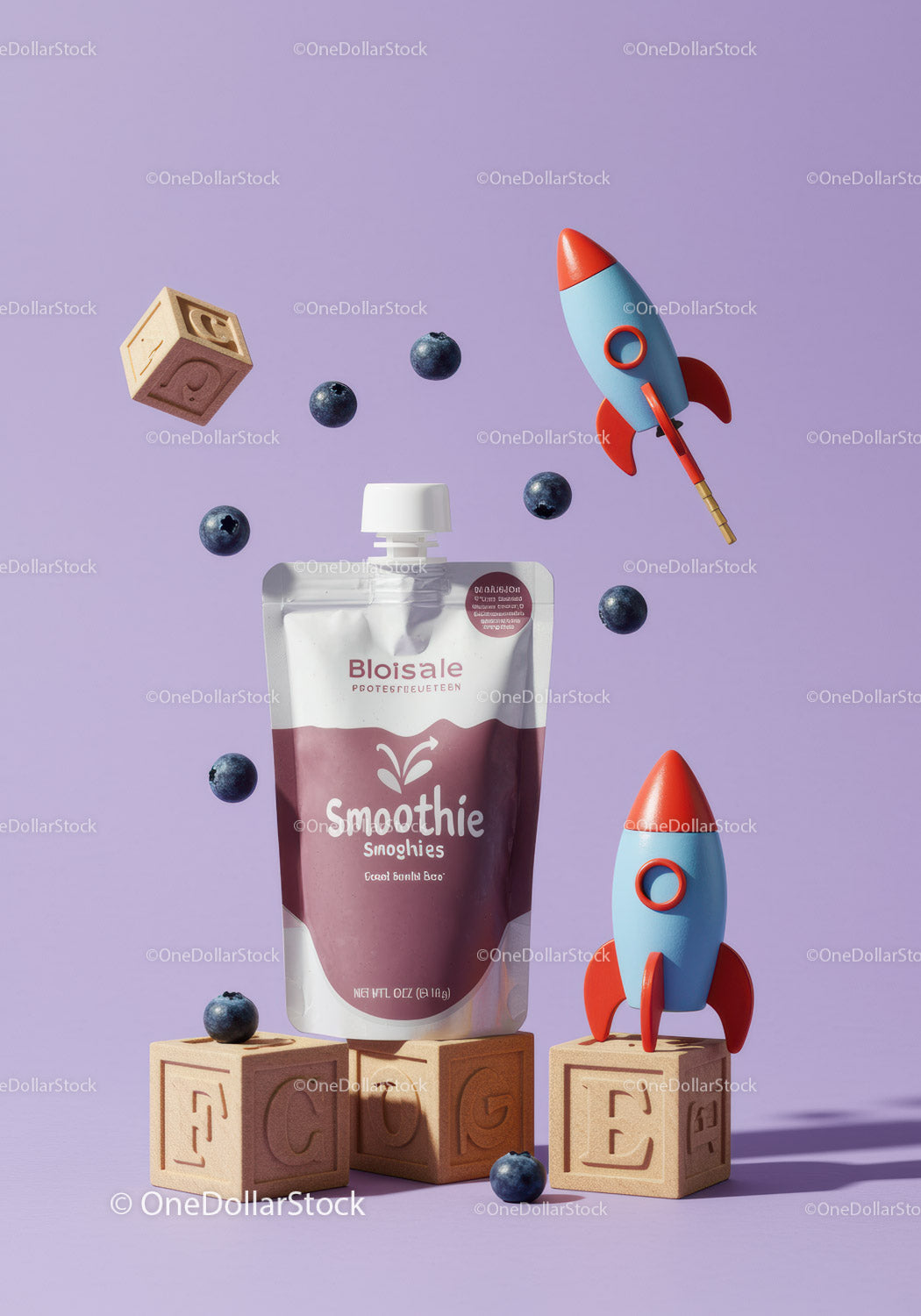 Smoothie pouch with blueberries and toy rockets on blocks