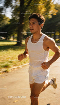 Young man jogging outdoors in sporty summer outfit