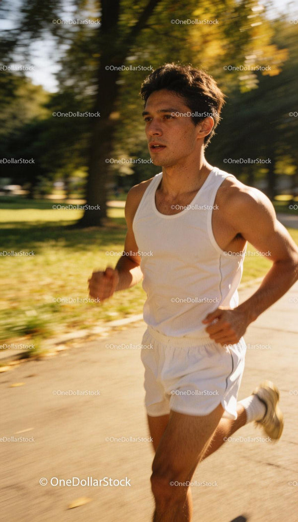 Young man jogging outdoors in sporty summer outfit
