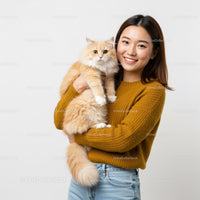 Smiling woman holding fluffy orange cat close