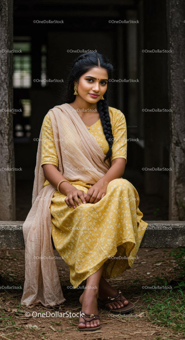 Elegant Indian Woman in Yellow Traditional Dress Sitting Outdoors