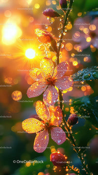 Close-Up of Dewy Pink Cherry Blossoms with Sunlight Sunburst