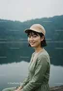 Young Woman Sitting by Lake with Green Landscape and Mountain View